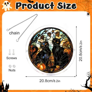 Halloween Buntglas schwarze Katze Acryl Sonnenfaenger Fensterhaenger mit Metallkette