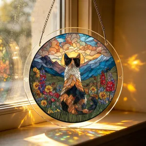 Detailed view of round acrylic cat suncatcher hanging by window with sunset landscape design.