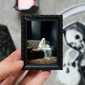 Mini resin ghost picture frame fridge magnet, Halloween spooky home decor detail view.
