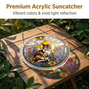 Acrylic cat suncatcher detail showing vibrant stained glass colors and window light reflection.