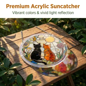 Circular acrylic suncatcher featuring stained glass style cats, ideal for window hanging.