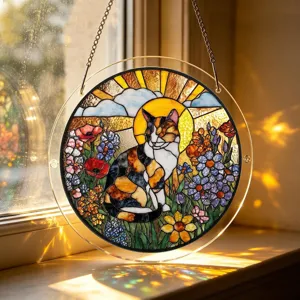Round stained glass style acrylic cat suncatcher window hanging decor with metal chain.