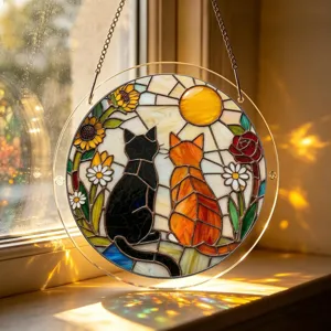 Stained glass acrylic cat suncatcher window hanging ornament floral home decor gift