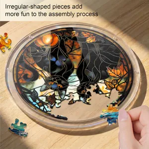 Halloween Acryl Katzen Puzzle runder Sonnenfaenger Fenster Deko mit unregelmässigen Teilen.