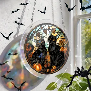 Halloween Acryl Sonnenfaenger Haengend Ornament mit schwarzen Katzen fuer Fensterdeko.