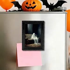 Halloween 3D ghost magnetic fridge sticker with vintage black photo frame, festive home decor.