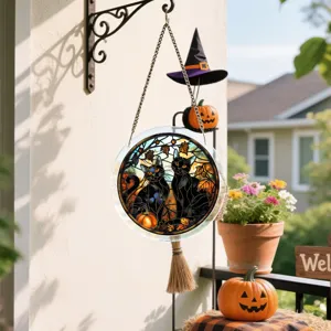 Halloween Buntglas Acryl Katzen Sonnenfänger Detailansicht, hängende Fensterdekoration.