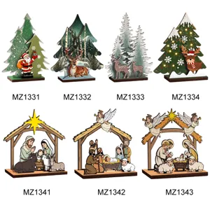 Adorno de escritorio de árbol de navidad de madera LED decoración navideña belén soporte