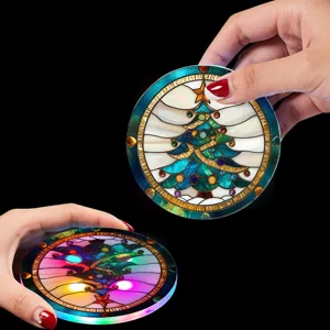 LED Christmas acrylic glowing coaster stained glass tree pattern bar party decor item