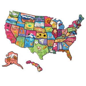 Magnetic US state map fridge sticker, educational puzzle magnet with cultural landmarks and states.