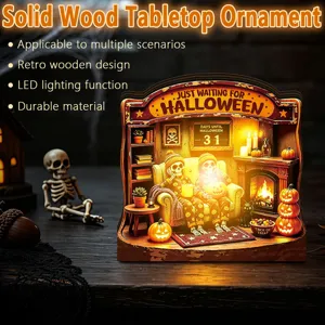 Detailed view of retro wooden Halloween tabletop ornament with warm LED lighting and spooky scene.