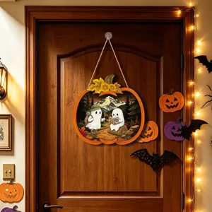 Halloween wooden hanging sign decor with cute ghost and pumpkin graphic for door wall ornament.