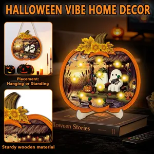 Detailed view of halloween wooden light-up hanging and standing decor with ghost theme.