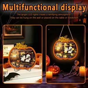 Halloween LED wooden pumpkin hanging and desktop light-up display decor for festive home party.