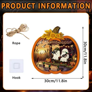 Halloween wooden pumpkin sign detail with rope and hook, perfect for holiday wall and desktop decor.
