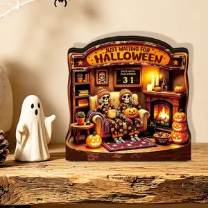 Halloween Wooden Table Decoration LED Light Up Scary Skeleton Fireplace Sign Indoor Decor