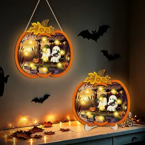 Halloween light up wooden pumpkin hanging sign and table decor with LED lights and festive design.