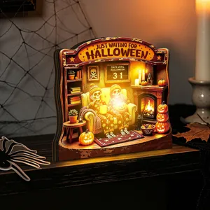 Halloween glowing wooden tabletop decoration with skeleton and pumpkin lights for party.