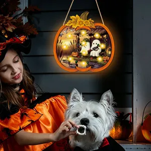 Halloween lighted wooden hanging sign pumpkin decor with LED lights for holiday party decoration
