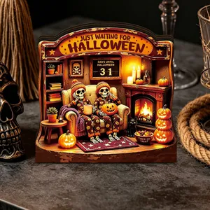 Halloween wooden tabletop light-up ornament spooky fireplace skeleton decor for party setup