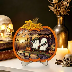 Halloween pumpkin wooden desktop decoration with glowing ghost and duck scene for home decor.