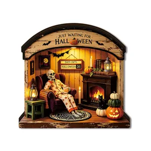 Halloween light-up wooden desktop decoration skeleton diorama for spooky festival party setup