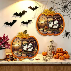 Halloween wooden pumpkin hanging sign and desktop ornament with glowing ghost duck hunting design