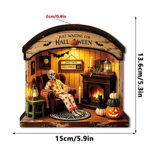 Halloween lighted wooden desktop decoration DIY diorama skeleton pumpkin party ornament