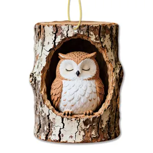Cute sleeping owl tree hole hanging ornament, acrylic or ceramic holiday decor pendant.