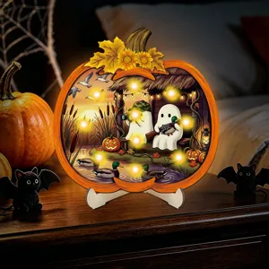Halloween LED wooden pumpkin ornament, cute ghost and duck hunting desktop light decor.