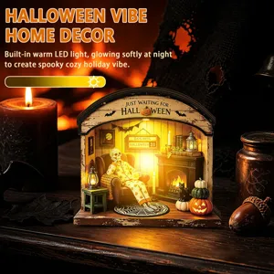 Detailed view of Halloween LED wooden miniature desktop decor featuring cozy warm lighting.