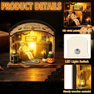 Halloween glowing wooden diorama ornament with LED light switch, holiday party desktop decor.