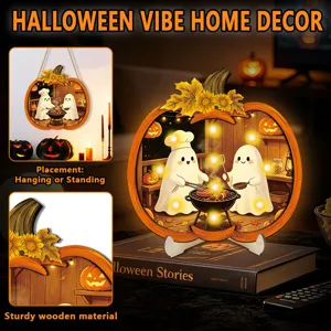 Halloween wooden glowing hanging and table decoration sign with cute ghost and pumpkin LED light.