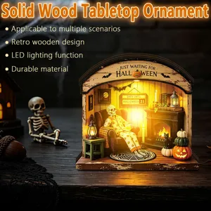 Halloween lighted wooden tabletop ornament with spooky skeleton and fireplace decor for party.