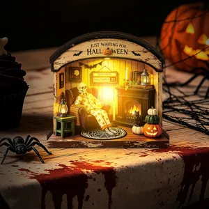Halloween glowing wooden desktop decoration miniature skeleton fireplace ornament cozy holiday setup