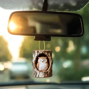 Cute owl tree stump acrylic car hanging ornament, rear view mirror interior decor item.