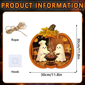 Halloween wooden hanging sign detail, pumpkin and cute ghost BBQ pattern with rope and hook.