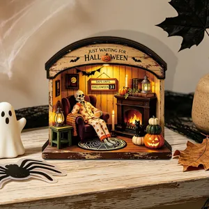 Halloween glowing wooden miniature scene detail, vintage fireplace skeleton diorama decor.