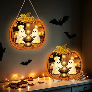 Halloween glowing wooden pumpkin sign ghost BBQ wall hanging desktop decoration
