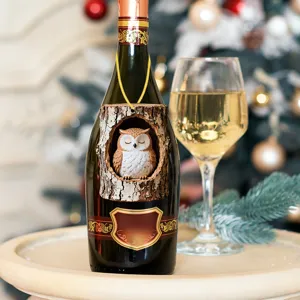 Close-up of a cute owl in tree hole pendant hanging on a festive bottle for home decor.