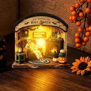 Halloween light-up wooden desktop decoration ornament, perfect for holiday party atmosphere.