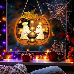Halloween glowing wooden hanging sign with cute ghost BBQ design for festive wall decor.