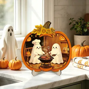 Halloween wooden pumpkin ghost tabletop decoration detail view for festive home party decor.