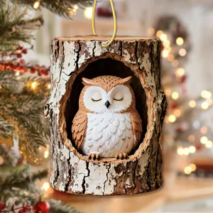 Tree hole owl acrylic hanging ornament detail view, cute animal print holiday decor pendant
