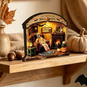Halloween illuminated wooden desktop decoration glowing diorama spooky shelf sitter holiday festive prop