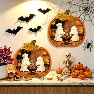 Halloween wooden pumpkin ghost hanging sign and desktop ornament with LED lights for home decor.