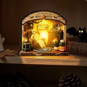 Halloween LED wooden miniature diorama desktop decoration with skeleton and fireplace warm light.