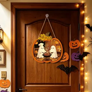 Halloween glowing wooden hanging sign with cute ghost and pumpkin design for home party decor.