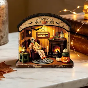 Halloween glowing wooden miniature diorama desktop decoration with skeleton, fireplace, and pumpkins.