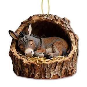 Cute sleeping donkey tree log hanging ornament for home decor, perfect holiday gift.
